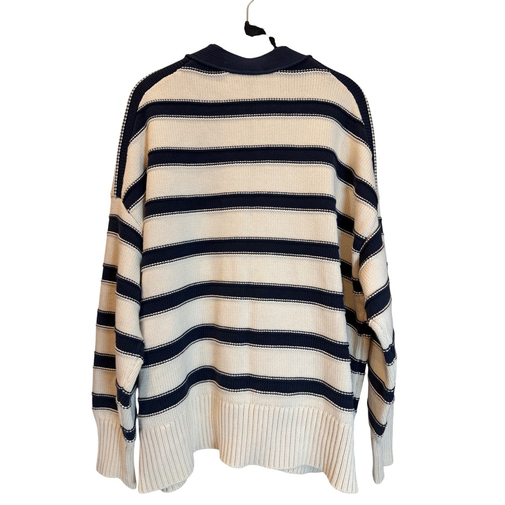 Madewell Striped V-Neck Cardigan Sweater Navy Cream Cotton XL Preppy NWT - Picture 2 of 5